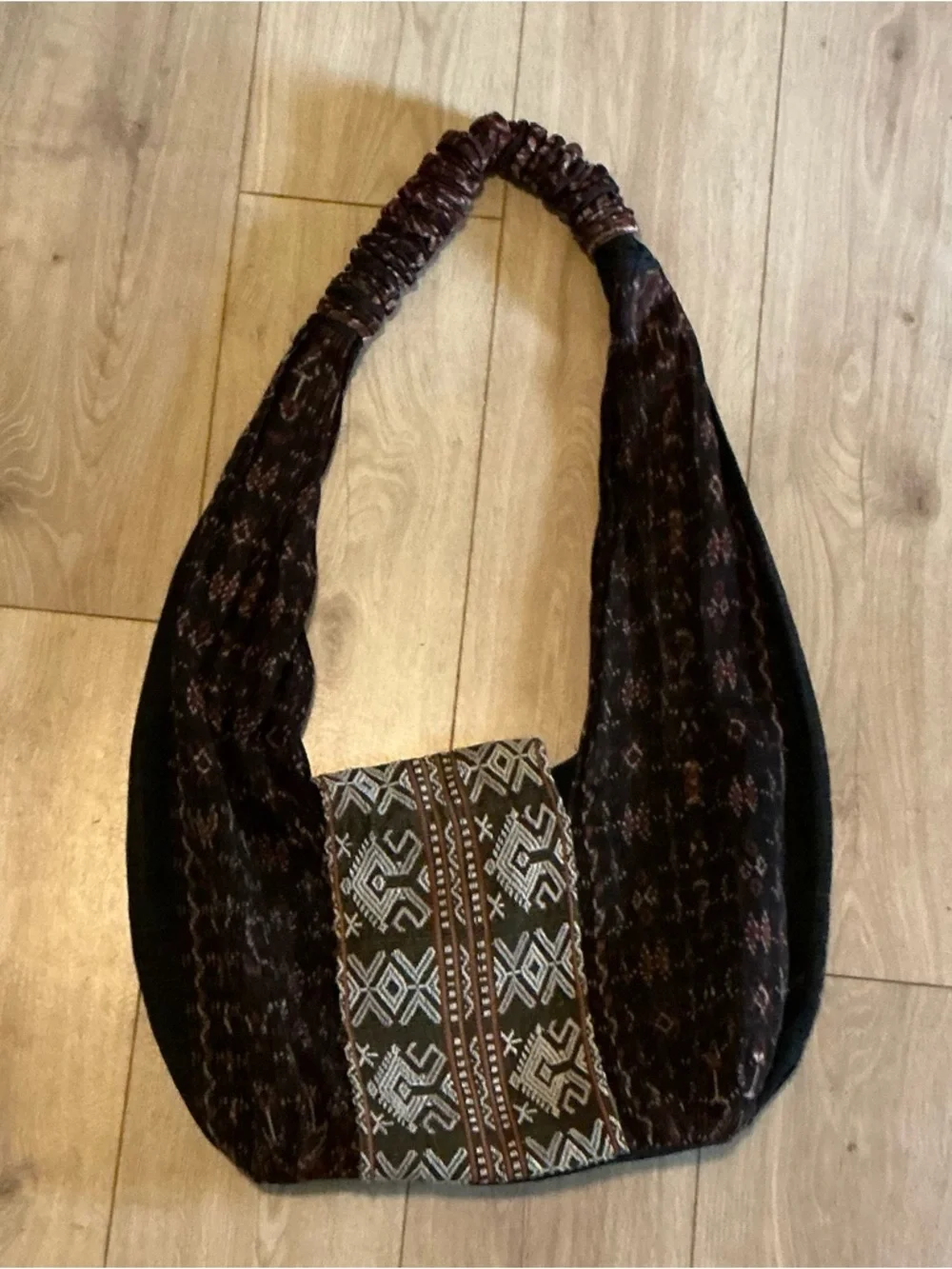 Boho Tribal Print Slouchy Hobo Bag Brown Black Woven Fringe Shoulder Bag Purse